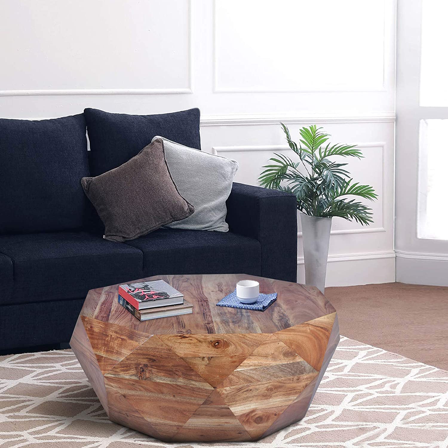 【Furniture】Diamond Shape Acacia Wood Coffee Table with Smooth Top, Dark Brown