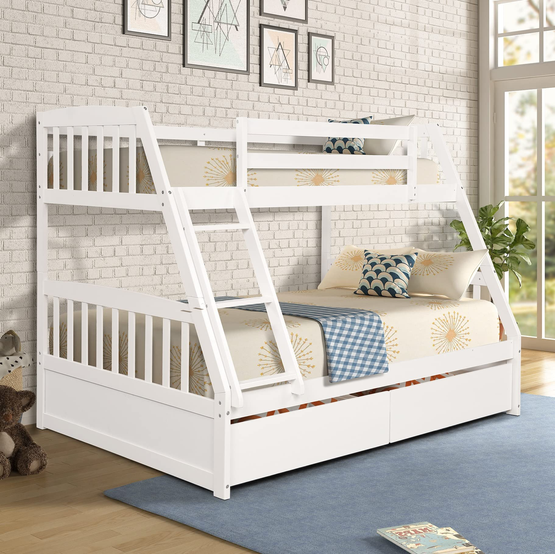 【Furniture】Solid Wood Bunk Bed Frames No Box Spring Needed with Saftey Guard Rails & Storage Drawers