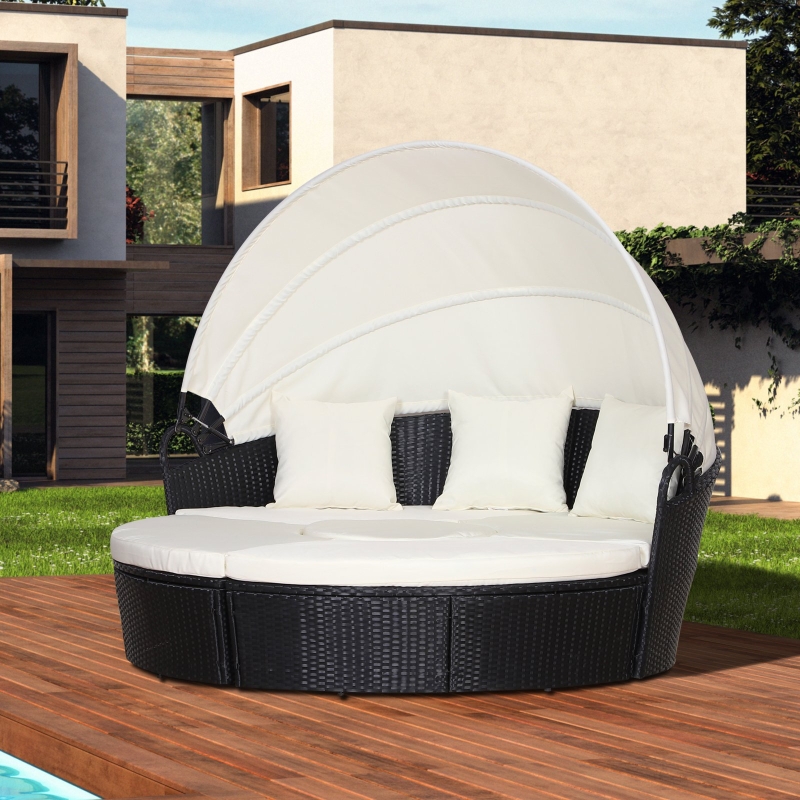 【Furniture】4 PC Patio Wicker Lounge Set, Outdoor Rattan Modular Garden Round Daybed Set
