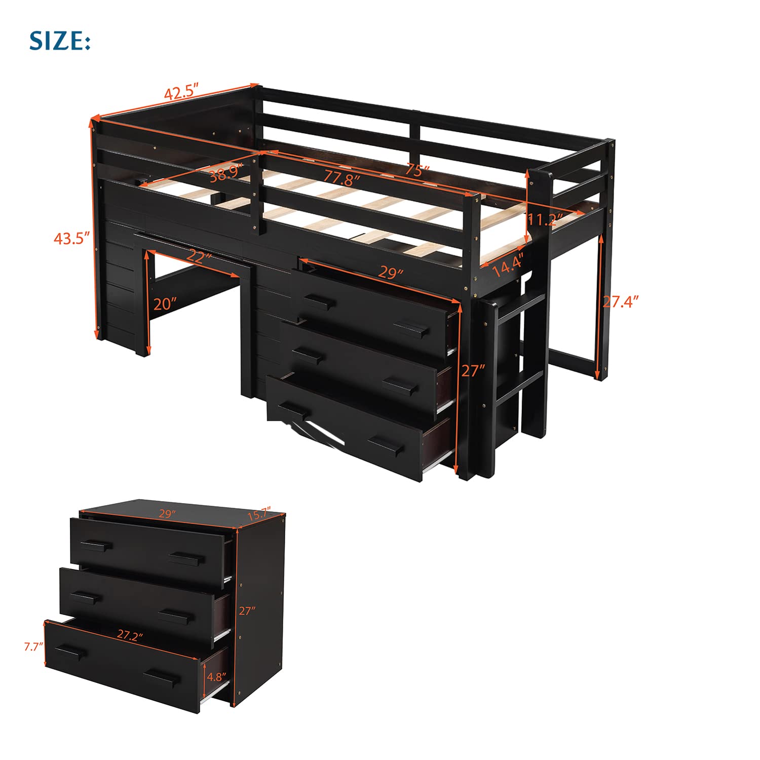 【Furniture】Bellemave Low Loft Beds with 3 Drawers Twin Loft Bed Frame with Cabinet & Bedside Tray Wood Farmhouse Loft Bed