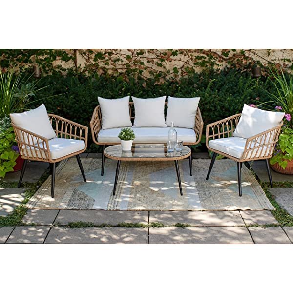 Quality Outdoor Living 65-YZ03HM Hermosa 3 Piece Chat Set, Tan Wicker + Linen Cushions 3-Piece Chat Set (Linen Cushions)