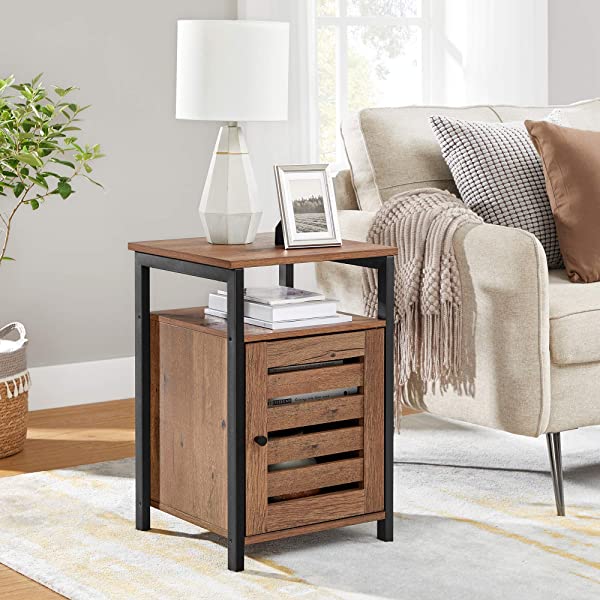 VASAGLE Nightstand, End Table with Open Shelf, Steel Frame, Bedroom, Industrial, Rustic Brown + Black