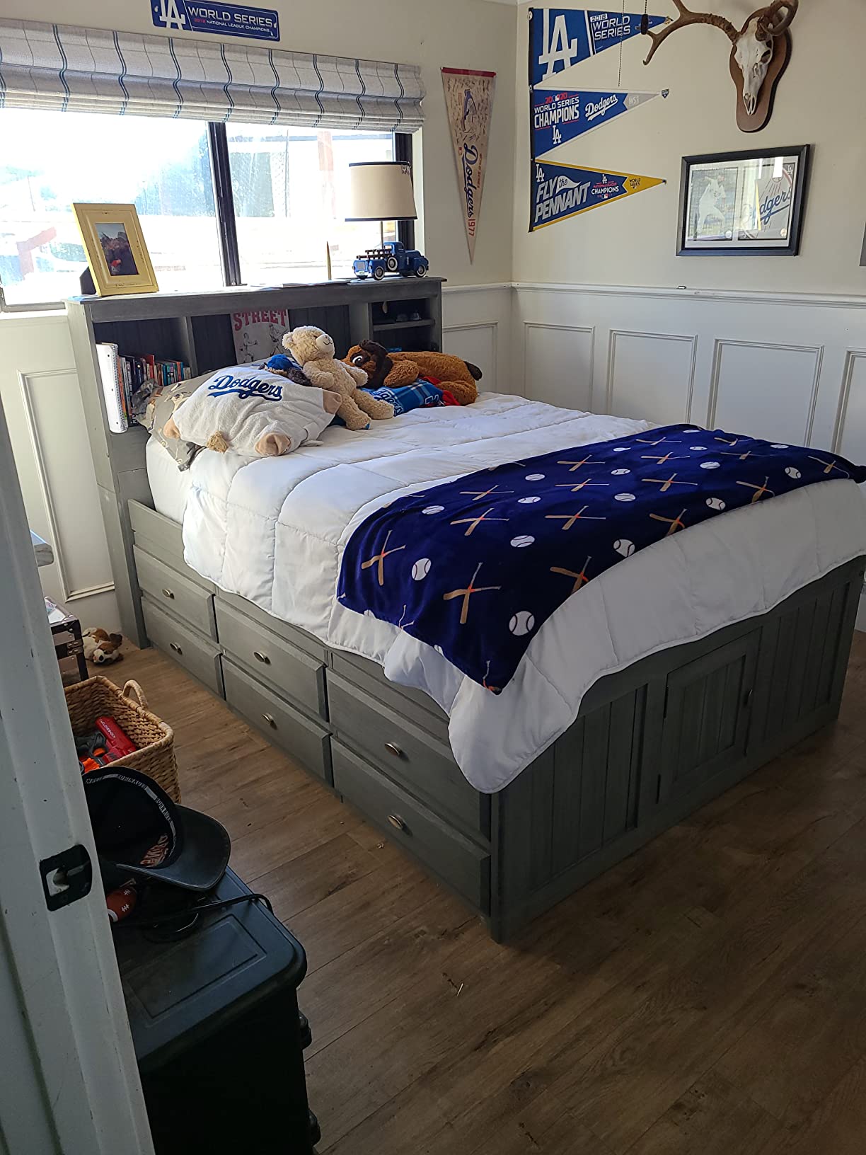 【Furniture】Charcoal Full Bookcase Bed with 12 Drawers