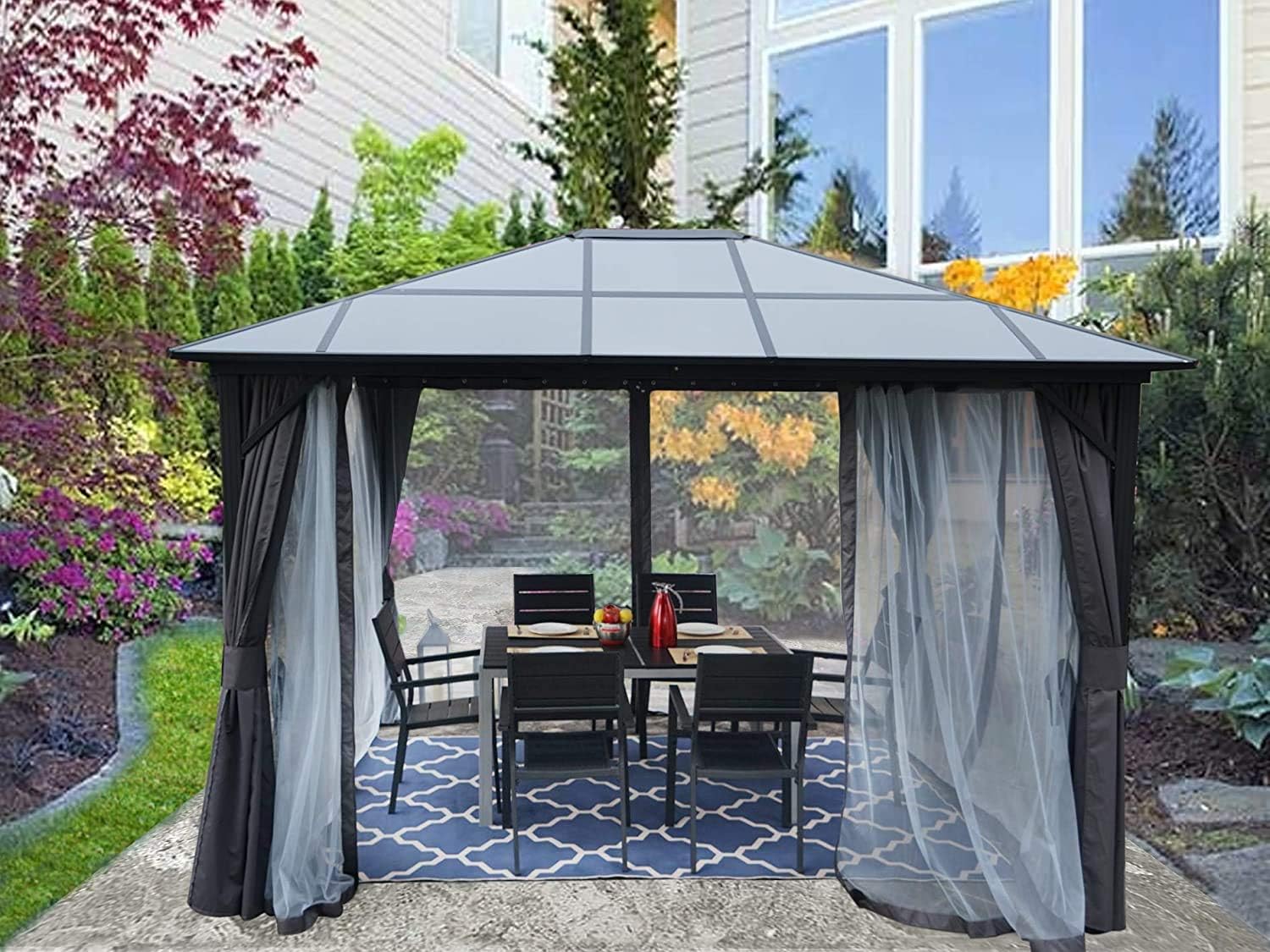 Kozyard 10' x 12' Hard Top Gazebo, Permanent Outdoor Aluminum Patio Gazebo with Aluminum Composite Polycarbonate Canopy for Yard Lawn and Garden, Includes Curtain and Netting (Edward 10' x 12')