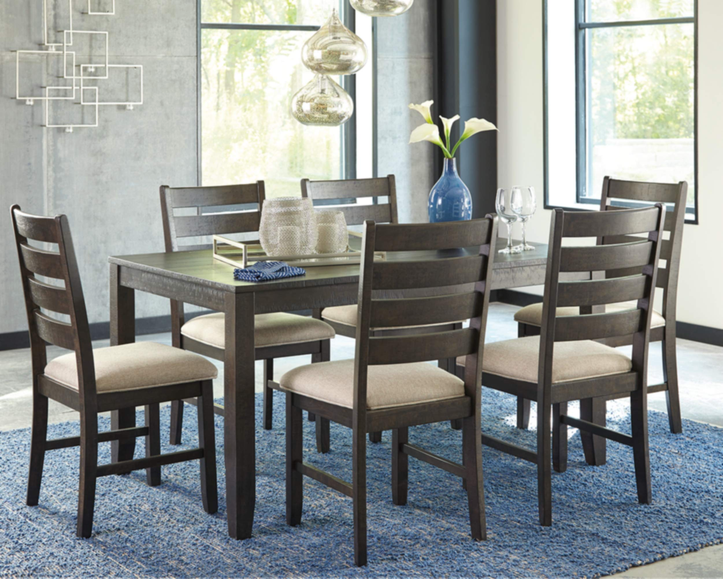 【Furniture】Dining Room Table Set with 6 Upholstered Chairs, Brown