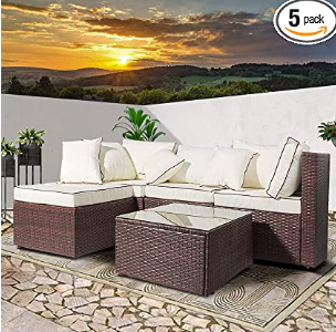 AWQM 5 Pieces Patio Furniture Sets All Weather Outdoor Sectional Sofa Manual Weaving Wicker Rattan Patio Conversation Set with Cushion and Glass Table, Brown