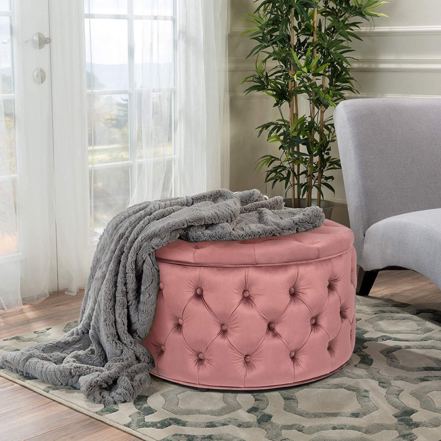 【Furniture】Homebeez Round Velvet Storage Ottoman, Button Tufted Footrest Stool Coffee Table