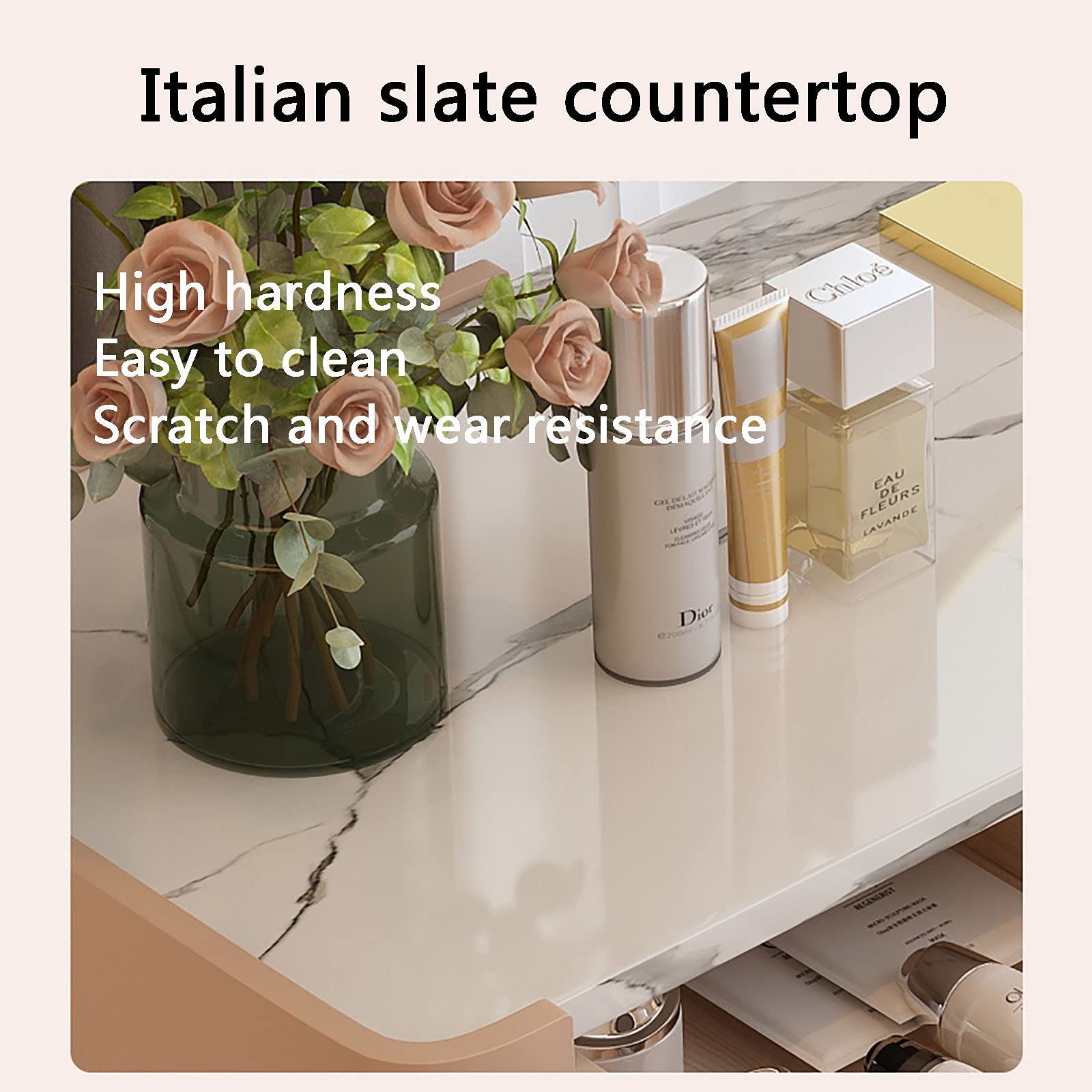 【Furniture】Light Luxury Vanity Set, Makeup Dressing Table with Mirror, 5 Large Drawers & Cushioned Stool