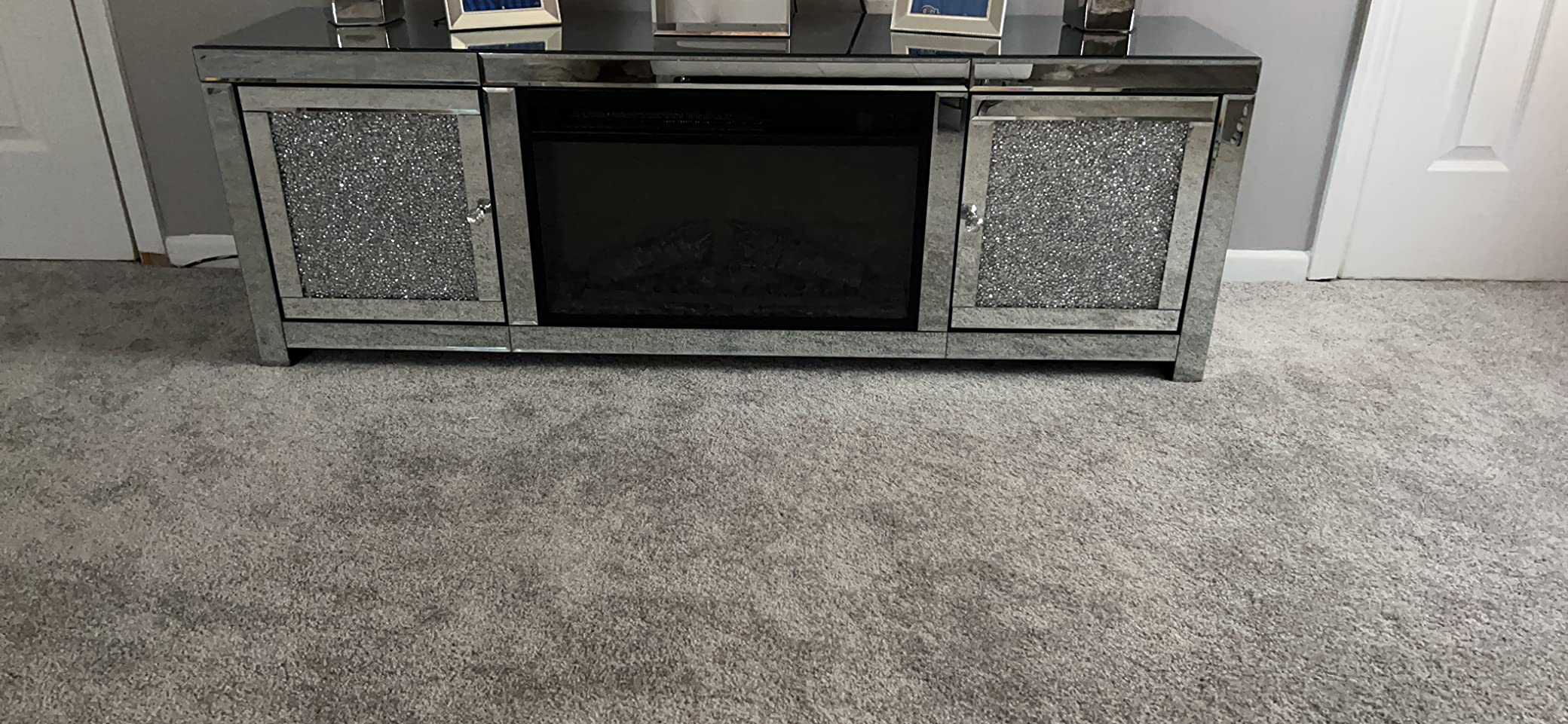 【Furniture】Mirrored Fireplace TV Stand, Mirrored Media Entertainment Center for TV up to 55 inch