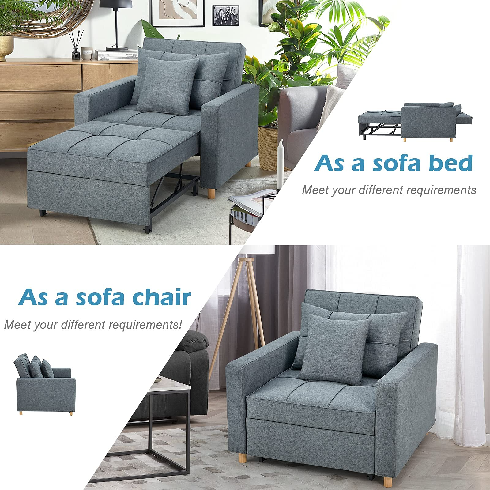 【Furniture】3-in-1 Sofa Bed Chair, Convertible Sleeper Chair Bed, Adjust Backrest Into A Sofa, Lounger Chair