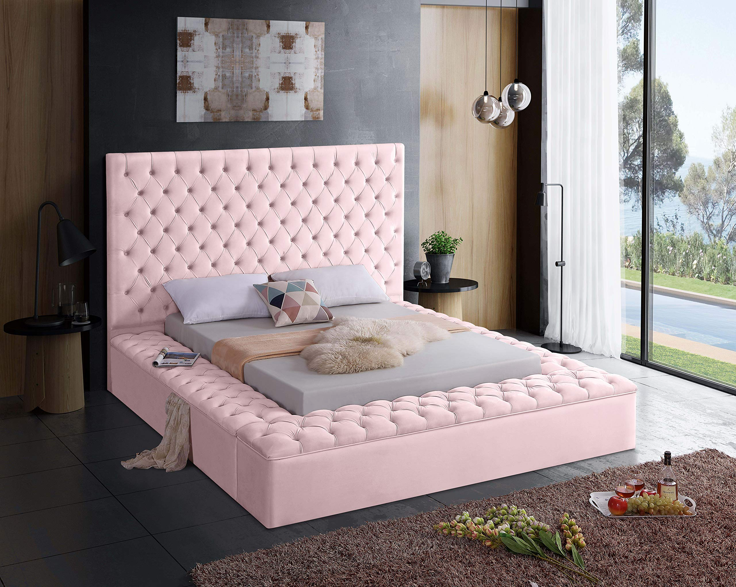 【Furniture】Contemporary Velvet Upholstered Bed with Deep Button Tufting & Storage Compartments