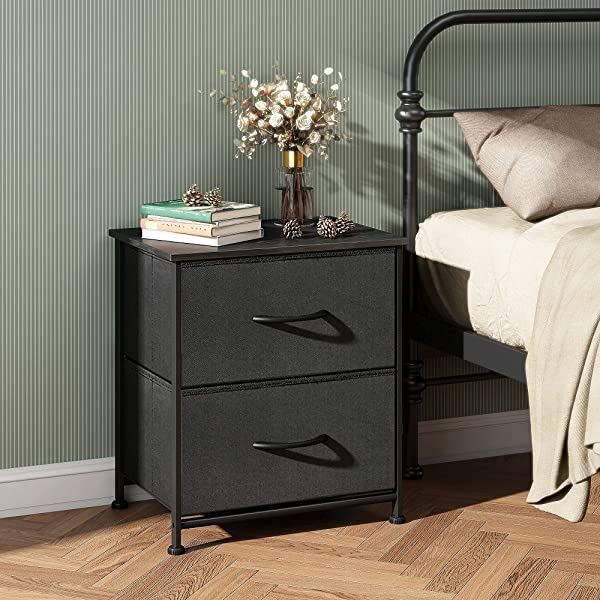 WLIVE Nightstand with 2 Fabric Drawers, Bedside Furniture & End Table Dresser for Bedroom, Living Room, Steel Frame, Wood Top, Easy Pull Handle Charcoal Gray