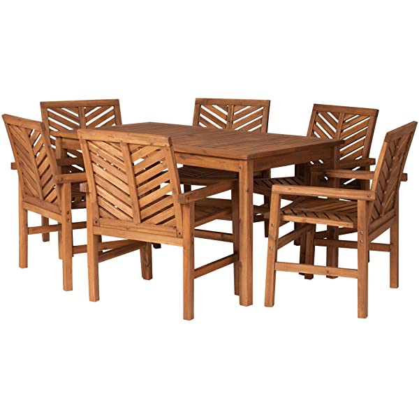 Walker Edison 5 Person Outdoor Wood Chevron Patio Furniture Dining Set Table Chairs Bench All Weather Backyard Conversation Garden Poolside Balcony, 4 Piece, Brown Brown 4 Piece Dining Set