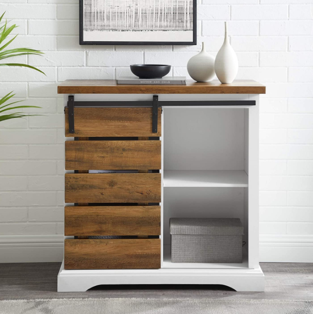 Walker Edison Willa Modern Farmhouse Sliding Single Slat Door Storage Console, 32 Inch, White and Rustic Oak