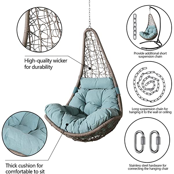Ulax Furniture Outdoor Wicker Hanging Chair Swing, Patio Hanging Basket Swing Chair with Hanging Steel Chain (Beige)