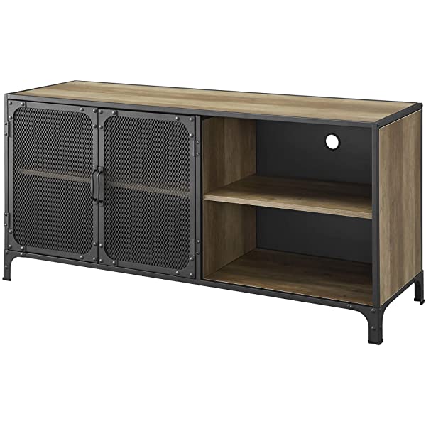 Walker Edison Malcomb Urban Industrial Metal Mesh Double Door Rolling Bar Cabinet, 33 Inch, Rustic Oak Rustic Oak 33 Inch