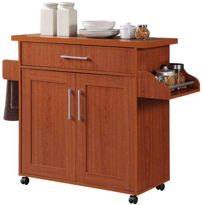 Hodedah Kitchen Island with Spice Rack, Towel Rack & Drawer, Black with Beech Top