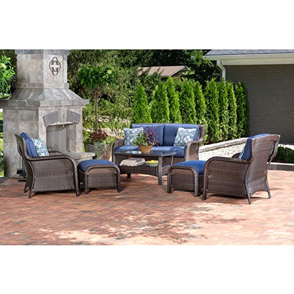 Hanover Strathmere 6-Piece Outdoor Patio Conversation Set, 2 Side Chairs with Ottomans, Loveseat and Tempered Glass Coffee Table, with Hand-Woven Wicker and Thick Cilantro Green Cushions, STRATHMERE6PC