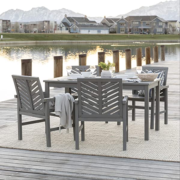 Walker Edison 5 Person Outdoor Wood Chevron Patio Furniture Dining Set Table Chairs Bench All Weather Backyard Conversation Garden Poolside Balcony, 4 Piece, Brown Brown 4 Piece Dining Set