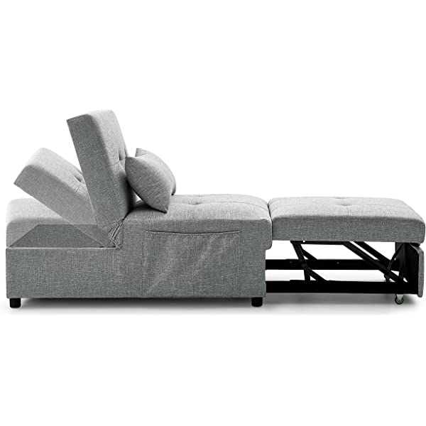 4-in-1 Sleeper Sofa Bed, HABITRIO Solid Wood Frame Polyester Upholstered Seating Couch w/A Pillow, Work As Ottoman, Single Chair, Sofabed and Chaise Lounge, Fit for Living Room, Bedroom (Grey)