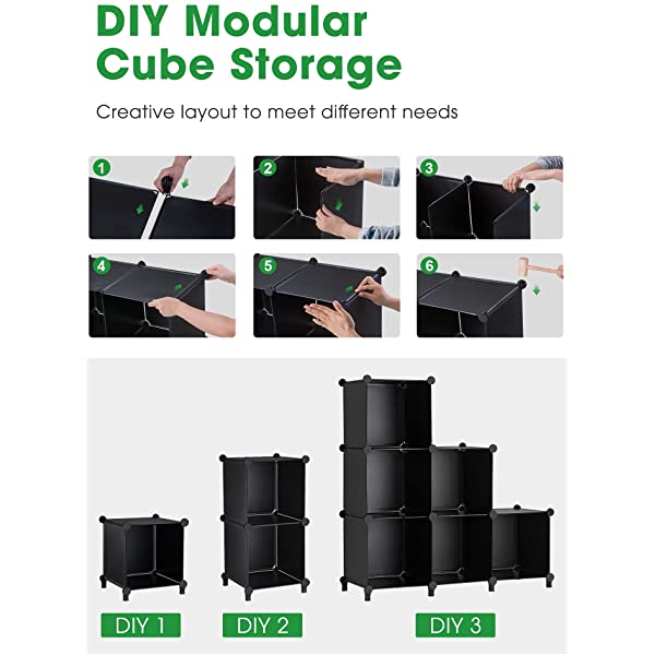 Puroma Cube Storage Organizer 6-Cube Closet Storage Shelves with Wooden Mallet DIY Closet Cabinet Bookshelf Plastic Square Organizer Shelving for Home, Office, Bedroom - Black Black Medium