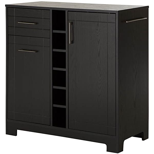 South Shore Bar Cabinet with Bottle and Glass Storage, Black Oak Black Oak Bar Cabinet