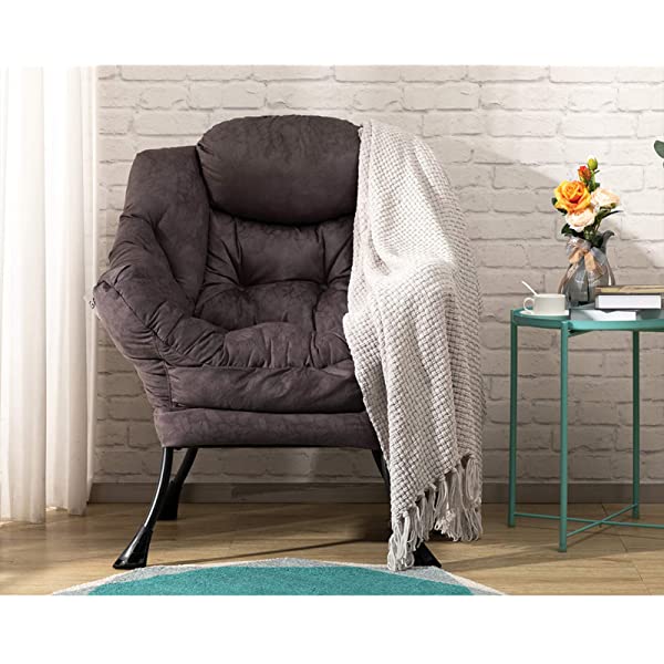 AbocoFur Modern Large Cotton Fabric Lazy Chair，Accent Contemporary Lounge Chair, Single Steel Frame Leisure Sofa Chair with Armrests and A Side Pocket, Beige