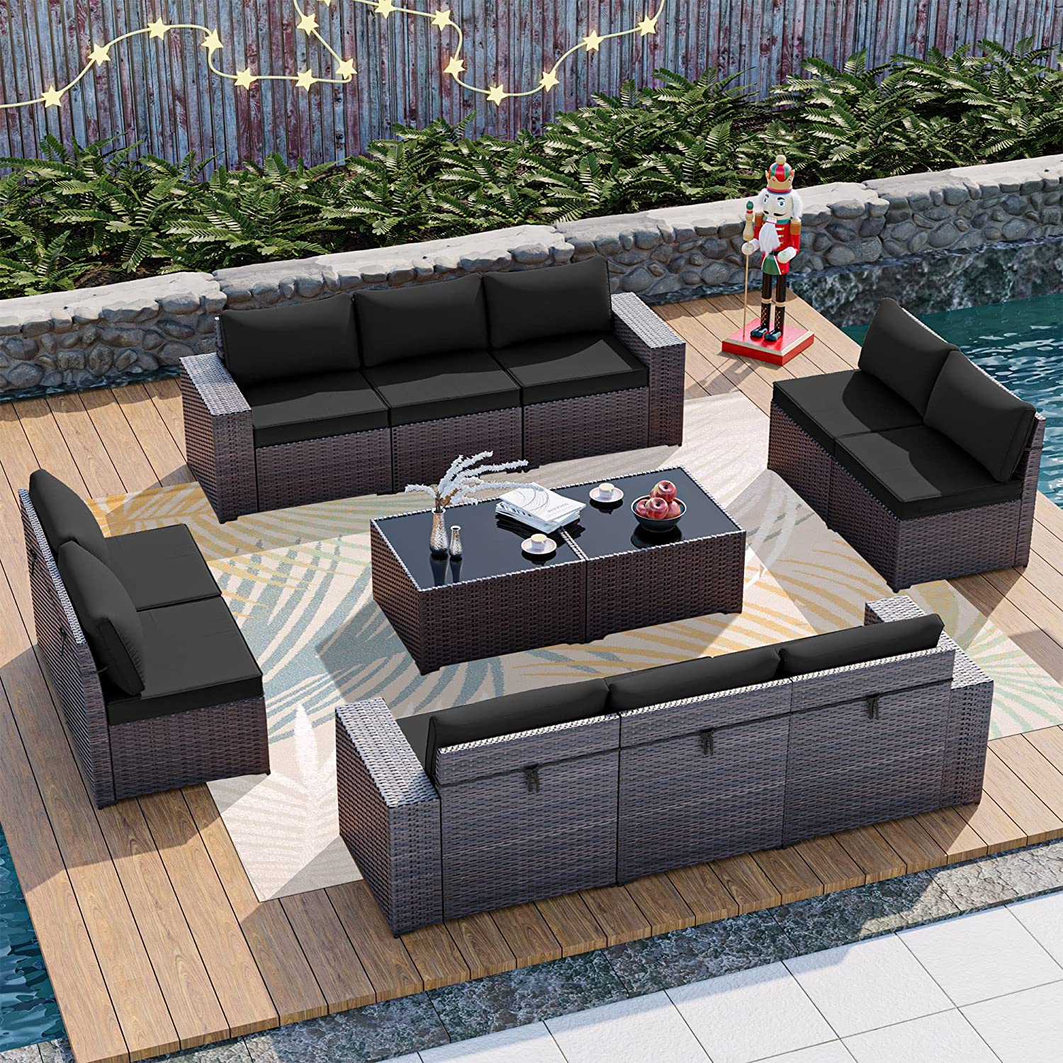 【Furniture】12 Pcs Outdoor Patio Furniture Set Sectional Sofa Sets Brown PE Rattan Patio Conversation Set