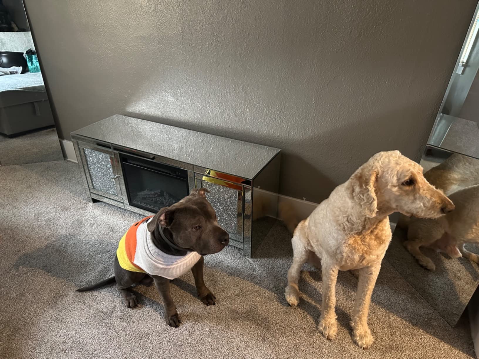 【Furniture】Mirrored Fireplace TV Stand, Mirrored Media Entertainment Center for TV up to 55 inch