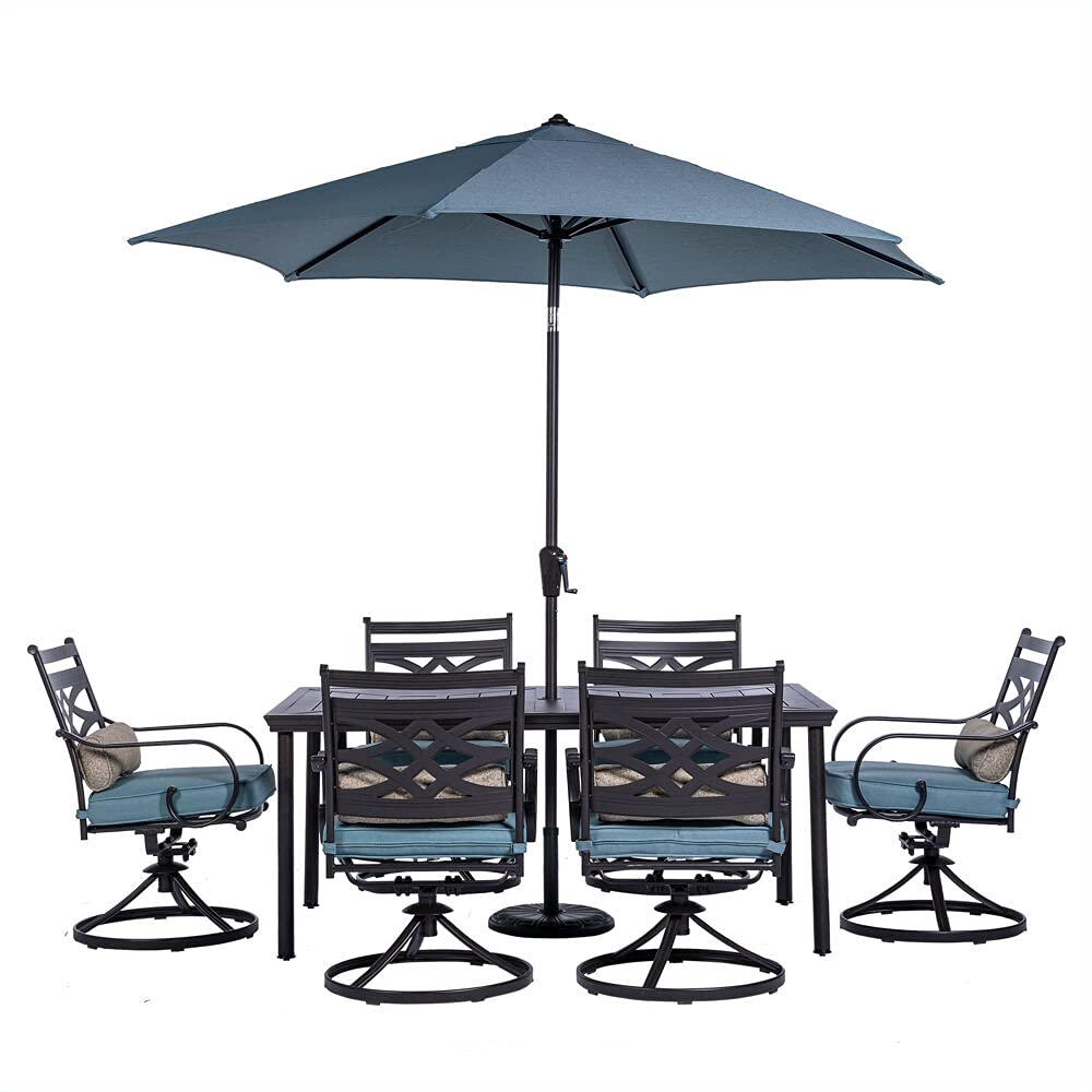 【Furniture】7-Piece Outdoor Patio Dining Set, 6 Swivel Rocker Chairs with Seat & Cushions, 40