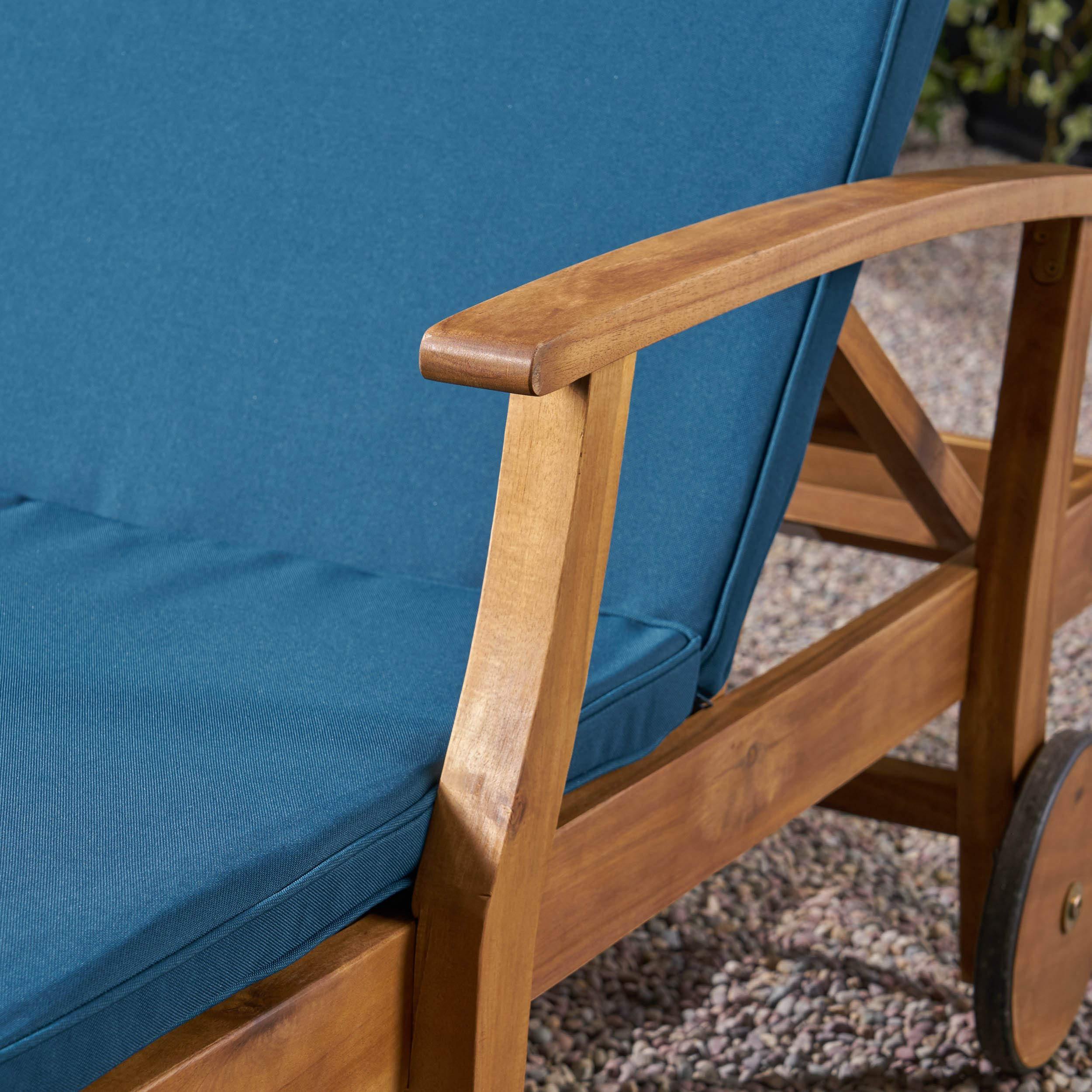 【Home&Garden】Samantha Double Chaise Lounge for Yard & Patio, Acacia Wood Frame, Teak Finish with Cushions