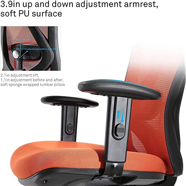 SIHOO Ergonomic Office Chair, Computer Desk Chair with Adjustable Lumbar Support, Comfortable Thick Cushion High Back Desk Chair with Adjustable Headrest and PU armrests(Orange)