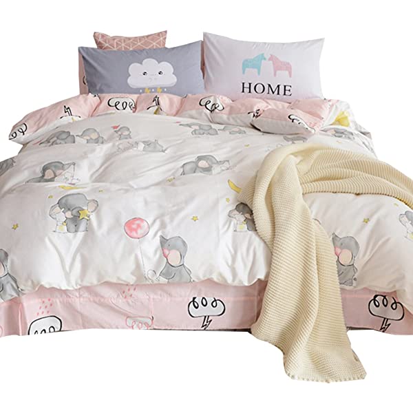 New Cartoon Animals Elephant Print Duvet Cover Sets for Kids 100% Cotton Reversible Soft 3 Pieces Kids Bedding Duvet Cover Pillowcases Kawaii Cloud Bedding Sets, Queen/Full Full/Queen (1 Duvet Cover + 2 Pillowcases) Multi A00 Elephant Bunny Balloon