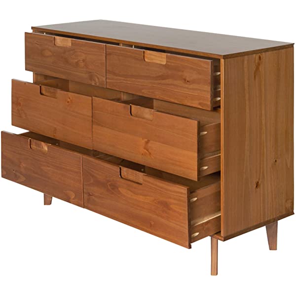 Walker Edison Mid Century Modern Grooved Handle Wood Dresser Bedroom Storage Drawer Organizer Closet Hallway, 6 Drawer, Caramel Caramel 1 pack 6 Drawer