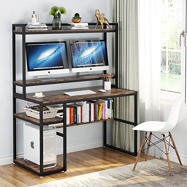 Tribesigns Computer Desk with Hutch and Shelves, 47 Inches Home Office Desk with Bookshelves and CPU Stand, Writing Desk PC Study Table Workstation for Small Spaces (Rustic Brown)