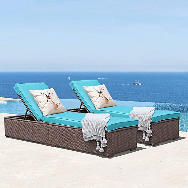 Patiorama Patio Chaise Lounge Chair, Sun Lounger, Outdoor Pool Beach Brown PE Rattan Wicker Reclining Chair W/Adjustable Backrest and Removable Cushion (Beige), Set of 2 2 Brown