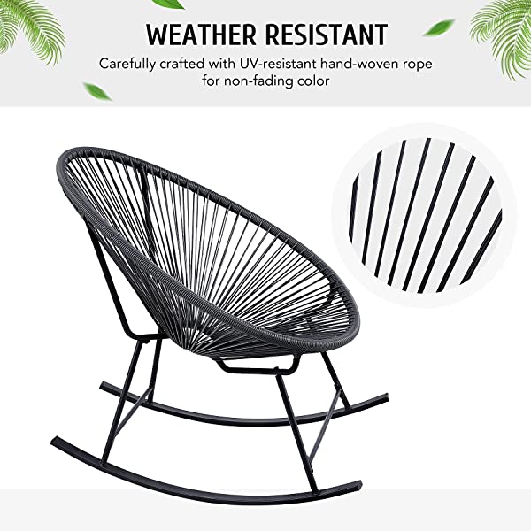 VONLUCE 3 Piece Outdoor Acapulco Bistro Set, Patio Furniture Set with Glass Top Table and 2 Rocking Chairs with Hand-Woven Rope, All Weather 3pc Conversation Set for Balcony and Patio Décor, Black