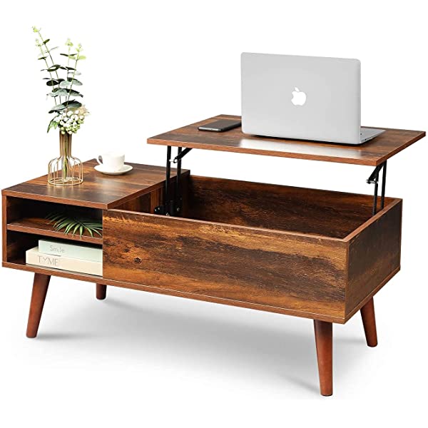 WLIVE Wood Lift Top Coffee Table with Hidden Compartment and Adjustable Storage Shelf, Lift Tabletop Dining Table for Home Living Room, Office, Rustic Oak