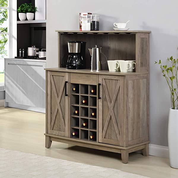 Bar Cabinet with Wine Rack and Glass Doors (Grey wash- Solid)