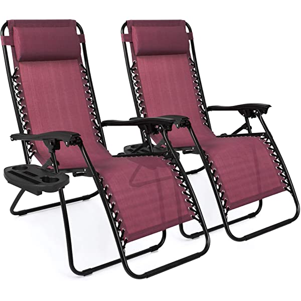 Best Choice Products Set of 2 Adjustable Steel Mesh Zero Gravity Lounge Chair Recliners w/Pillows and Cup Holder Trays - Burgundy