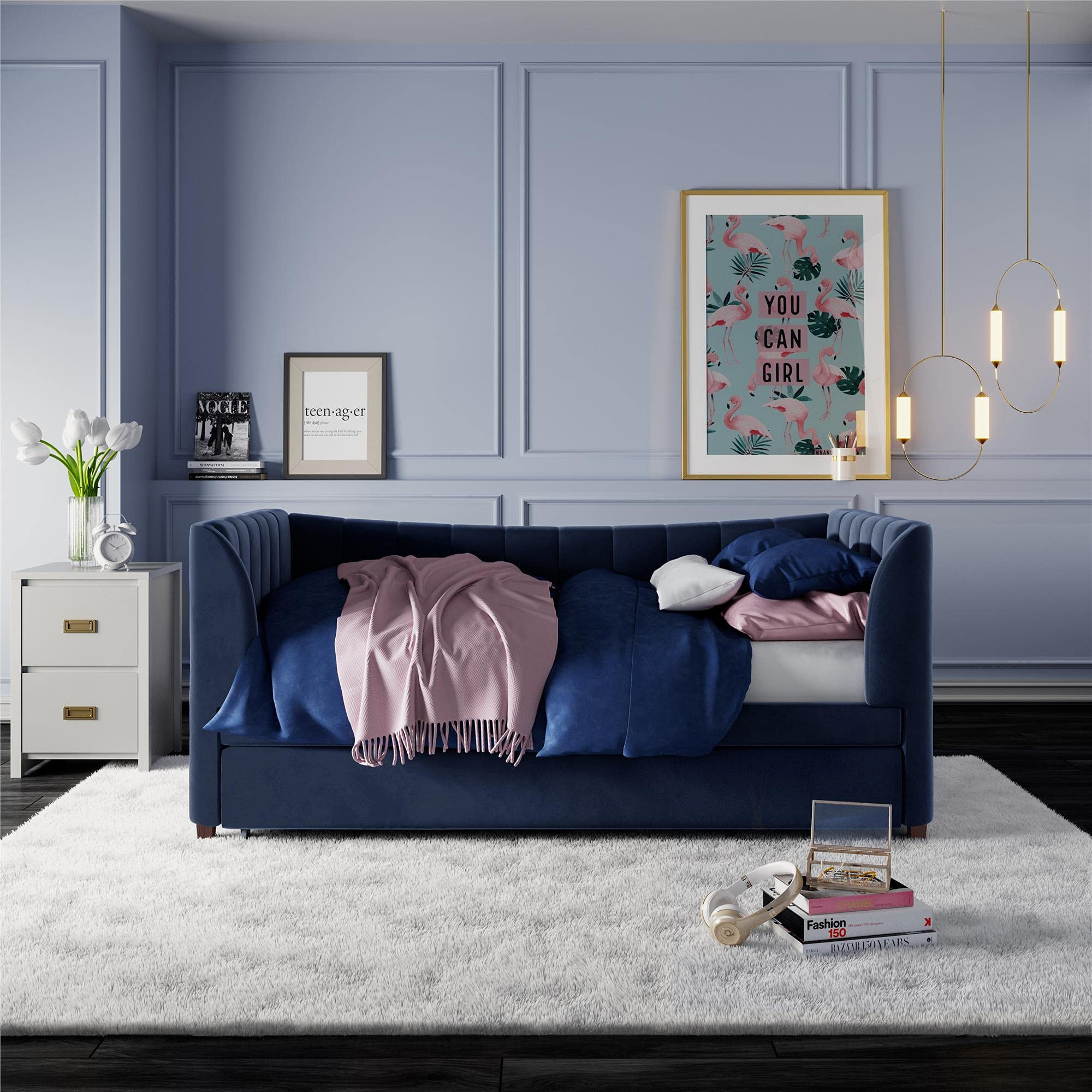 【Furniture】Valentina Upholstered Daybed with Trundle, Twin