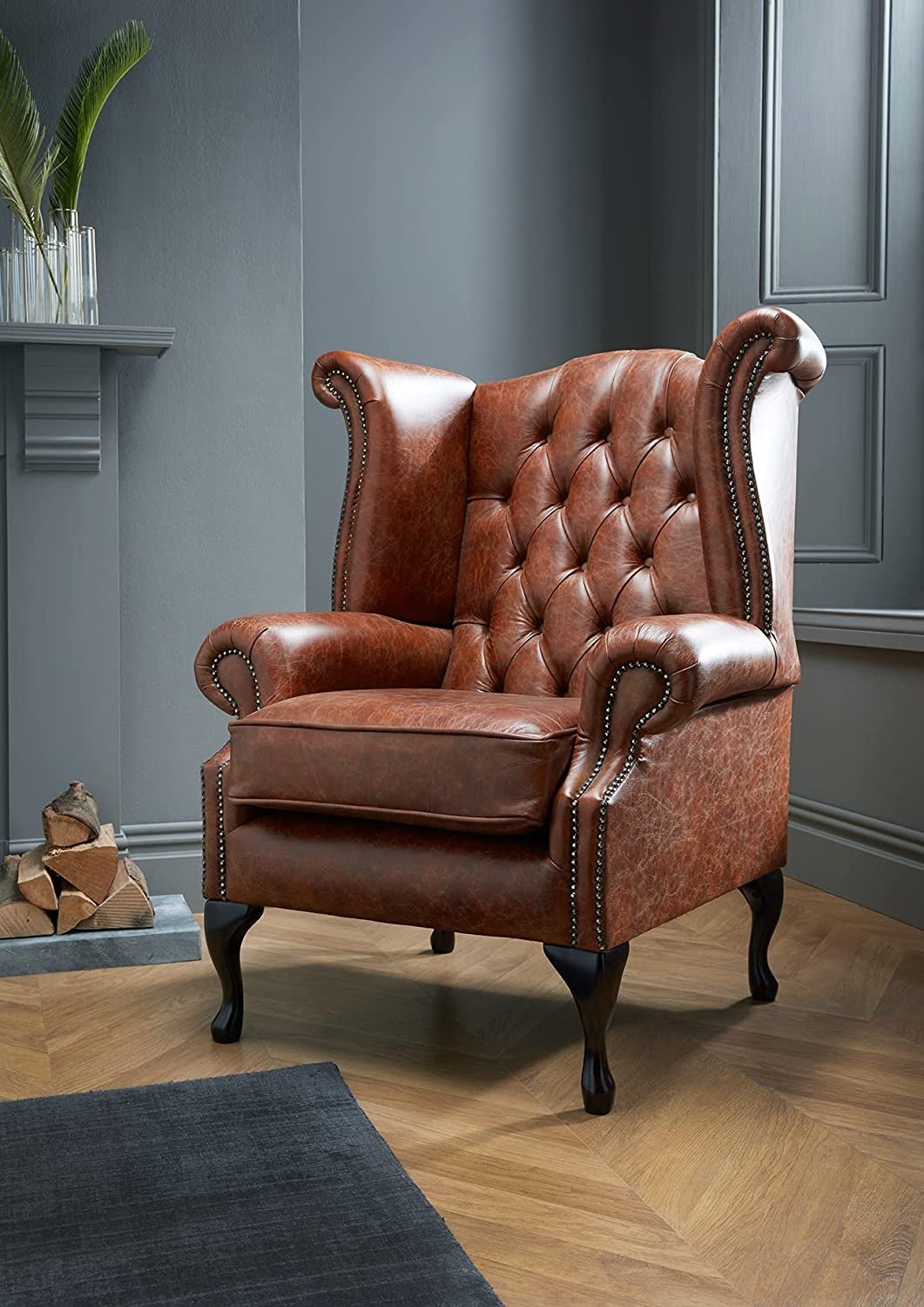 Chesterfield Genuine Antique Leather Queen Anne Chair (3 Colour Options) (Green)