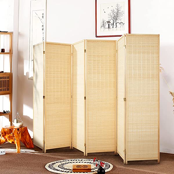 oneinmil Bamboo Room Divider, Semi-Private Folding Portable Partition Screen with Two-Way Hinge, Handmade Bamboo and Wood, 6 Panel