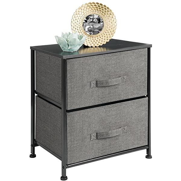 mDesign Storage Dresser End/Side Table Night Stand Furniture Unit - Small Standing Organizer for Bedroom, Office, Living Room, and Closet - 2 Drawer Removable Fabric Bins - Gray/White Grey