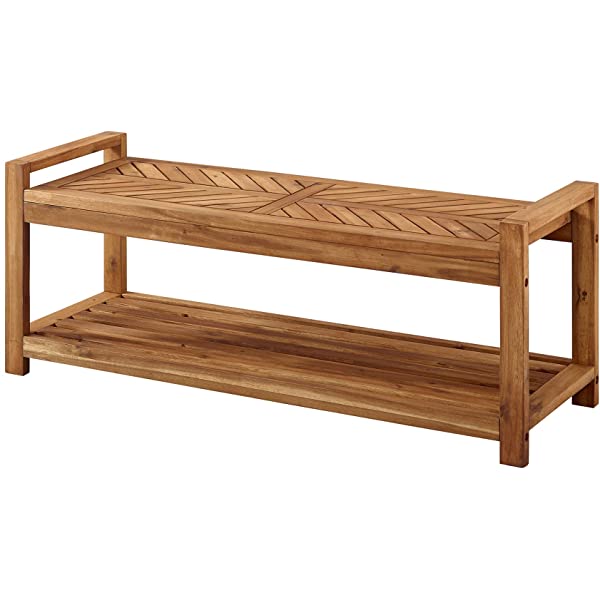 Walker Edison 5 Person Outdoor Wood Chevron Patio Furniture Dining Set Table Chairs Bench All Weather Backyard Conversation Garden Poolside Balcony, 4 Piece, Brown Brown 4 Piece Dining Set