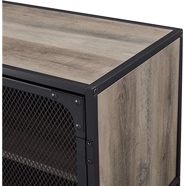 Walker Edison Malcomb Urban Industrial Metal Mesh Double Door Rolling Bar Cabinet, 33 Inch, Rustic Oak Rustic Oak 33 Inch