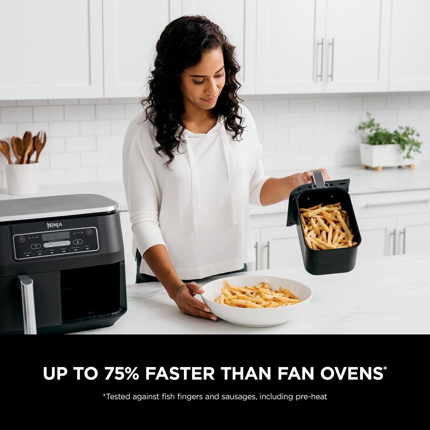 Ninja Foodi Dual Zone Digital Air Fryer, 2 Drawers, 7.6L, 6-in-1, Uses No Oil, Air Fry, Max Crisp, Roast, Bake, Reheat, Dehydrate, Cooks 4-6 Portions, Non-Stick, Dishwasher Safe Baskets, Black AF300UK