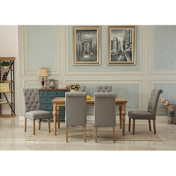 Roundhill Furniture Collection Habitanian Solid Wood Dining Table with 6 Button Tufted Chairs, Gray, Grey