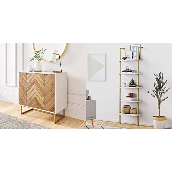 Nathan James Enloe Modern Storage, Free Standing Accent Cabinet with Doors in a Rustic Fir Wood Finish Powder-coated Metal Base for Hallway, Entryway or Living Room, White/Gold