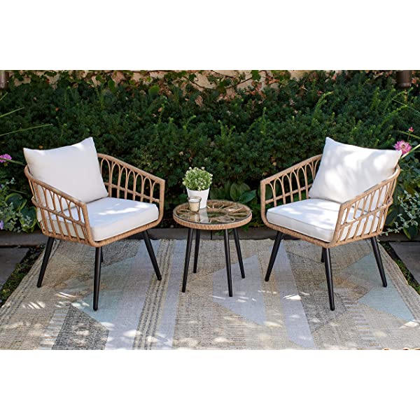 Quality Outdoor Living 65-YZ03HM Hermosa 3 Piece Chat Set, Tan Wicker + Linen Cushions 3-Piece Chat Set (Linen Cushions)